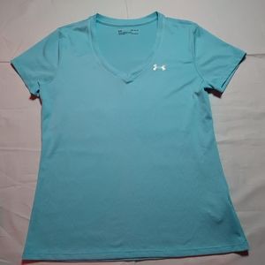 Under Armour Shirt Women's Medium Blue Tee Short Sleeve V-Neck Athletic Top